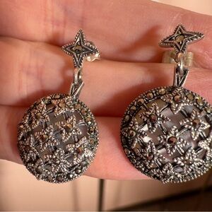 Vintage 1990’s Art Deco Sterling silver Star Marcasite MOP Dangle Earrings